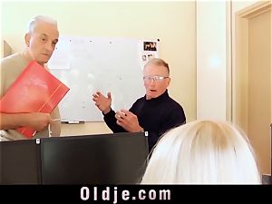 youthfull secretary plumbs elderly weenie suck off gullet money-shot